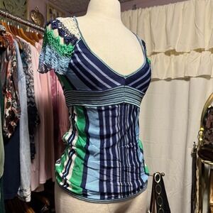 Y2K Crochet Lace Fitted Stripped Top